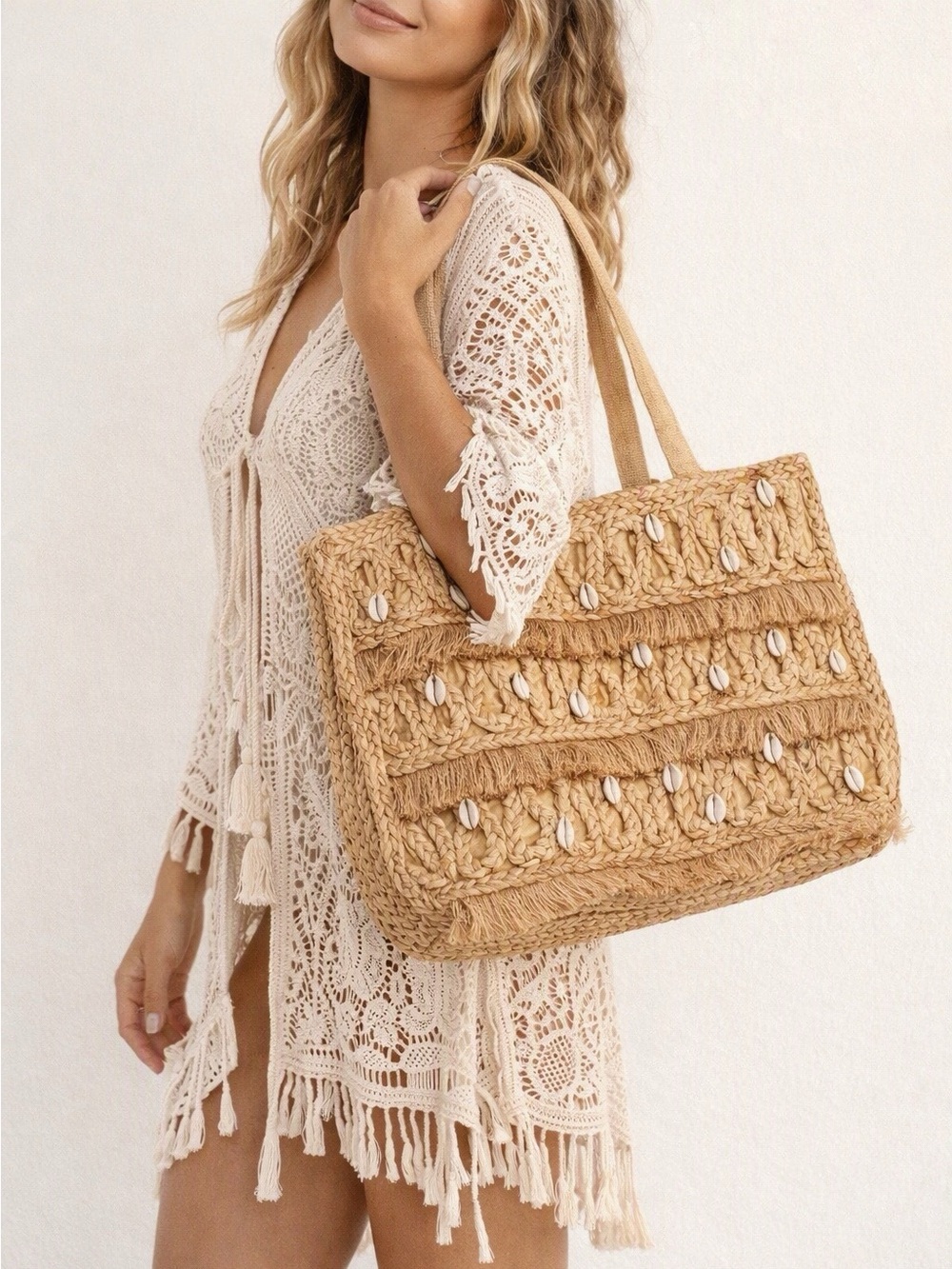 NWT Salt + Umber Island Jute Seashell Woven Tote Bag